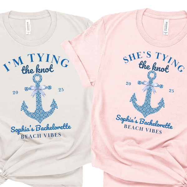 Chinoiserie Nautical Anchor 'Bride Tying the Knot' & 'She's Tying the Knot' Bridal Party Shirts - Custom Bachelorette T-Shirt