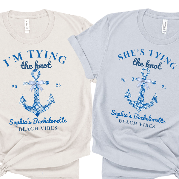 Chinoiserie Nautical Anchor 'Bride Tying the Knot' & 'She's Tying the Knot' Bridal Party Shirts - Custom Bachelorette T-Shirt