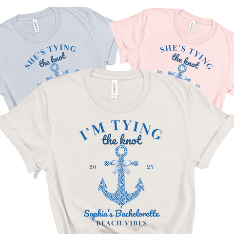 Chinoiserie Nautical Anchor 'Bride Tying the Knot' & 'She's Tying the Knot' Bridal Party Shirts - Custom Bachelorette T-Shirt