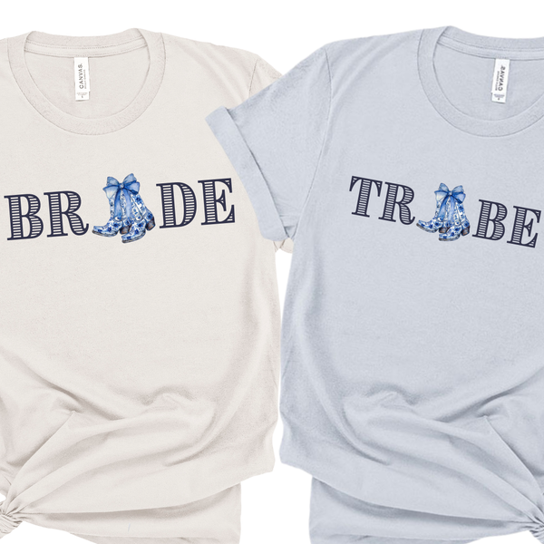 Chinoiserie Cowgirl Boots 'Bride' & 'Tribe' Shirts - Western Bridal Party Shirts - Custom Bachelorette T-Shirt