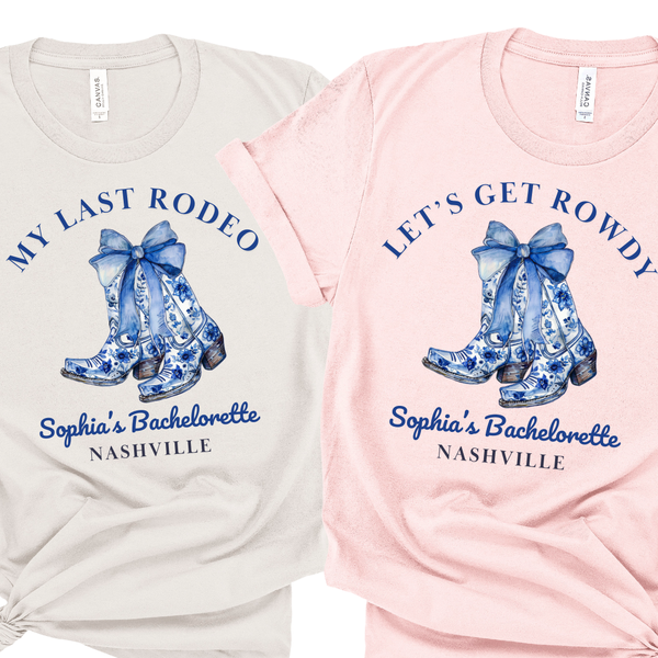 'My Last Rodeo' Bachelorette Shirt & 'Let's Get Rowdy' Party Shirts - Custom Bachelorette T-Shirt - Cowgirl Boots Chinoiserie Design