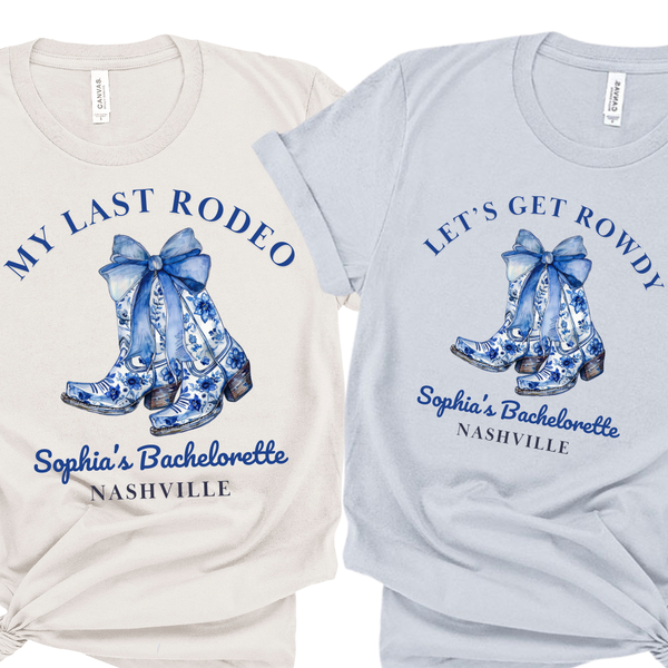 'My Last Rodeo' Bachelorette Shirt & 'Let's Get Rowdy' Party Shirts - Custom Bachelorette T-Shirt - Cowgirl Boots Chinoiserie Design